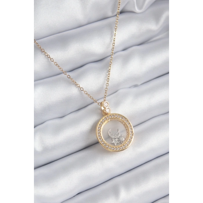 316l Çelik Gold Renk Zirkon Taş Detay Ay Yıldız Fanus Model Kadın Kolye