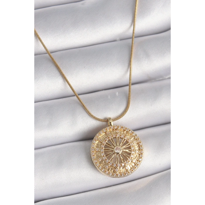 316l Çelik Gold Renk Zirkon Taşlı 12 Burç Madalyon Model Kadın Kolye