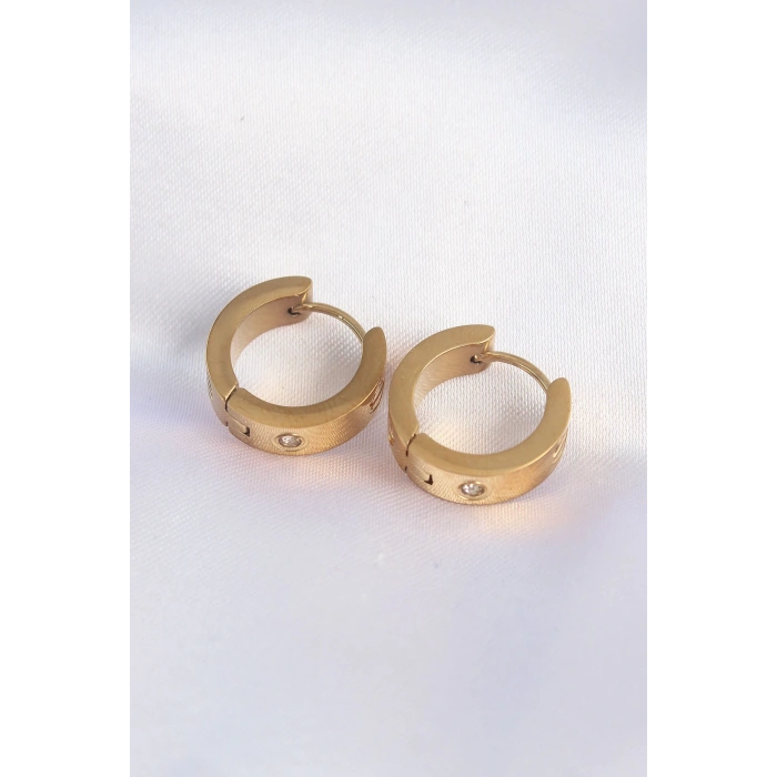 316L Çelik Gold Renk Zirkon Taşlı Minimal Model Halka Küpe