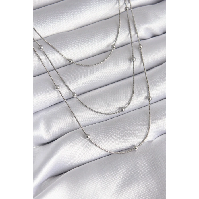 316l Çelik Gümüş Renk 3lü Topçuk Detay Kadın Kolye