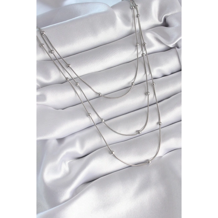 316l Çelik Gümüş Renk 3lü Topçuk Detay Kadın Kolye