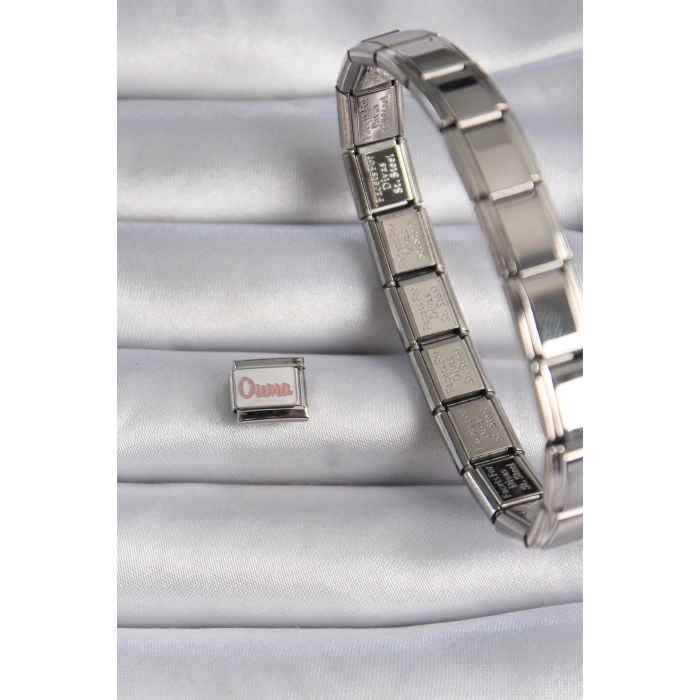 316L Çelik Gümüş Renk Beyaz Pembe Ouma İşlemeli Nomination Charm