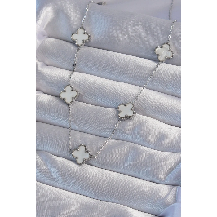 316l Çelik Gümüş Renk Beyaz Sedefli Yonca Kolye