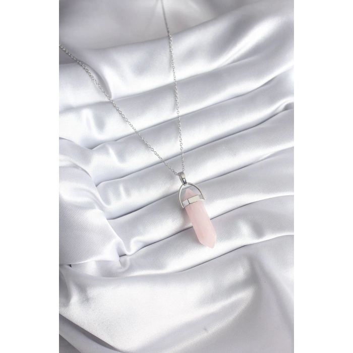 316l Çelik Gümüş Renk Pembe Taşlı Kadın Kolye