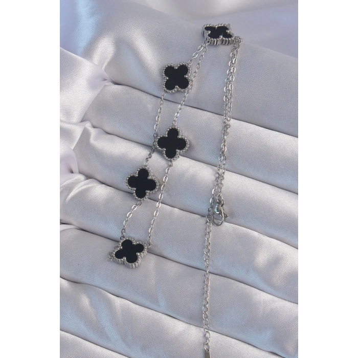 316L Çelik Gümüş Renk Siyah Mineli Yonca Kolye