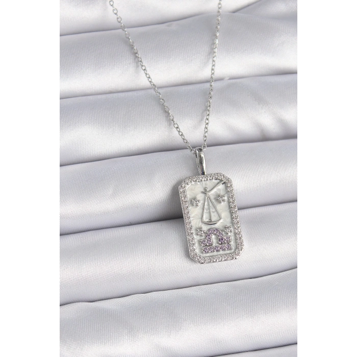 316l Çelik Gümüş Renk Terazi Burcu Zirkon Taşlı Kadın Kolye