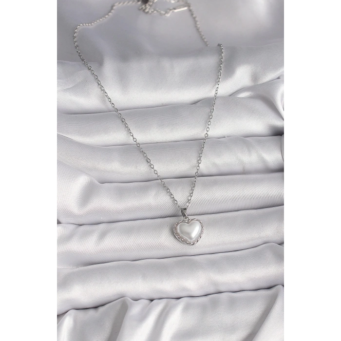 316l Çelik Gümüş Renk Zincir 3d İnci Kalp Model Kadın Kolye
