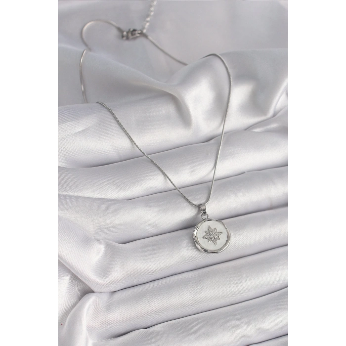 316l Çelik Gümüş Renk Zincir Beyaz Sedefli Zirkon Taşlı Yıldız İşleme Model Kadın Kolye