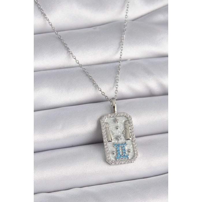 316l Çelik Gümüş Renk Zincir İkizler Burcu Zirkon Taşlı Kadın Kolye