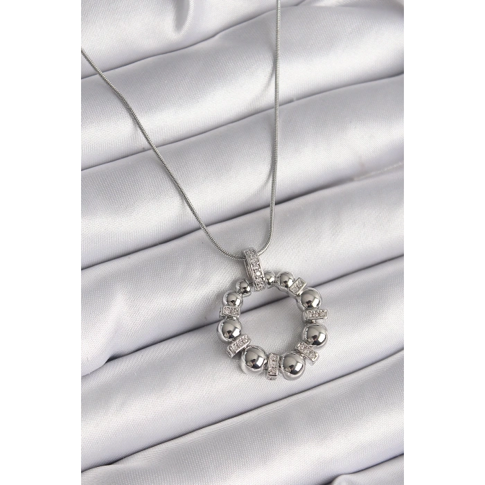 316l Çelik Gümüş Renk Zincir Zirkon Taş Detaylı Bombeli Halka Model Kadın Kolye