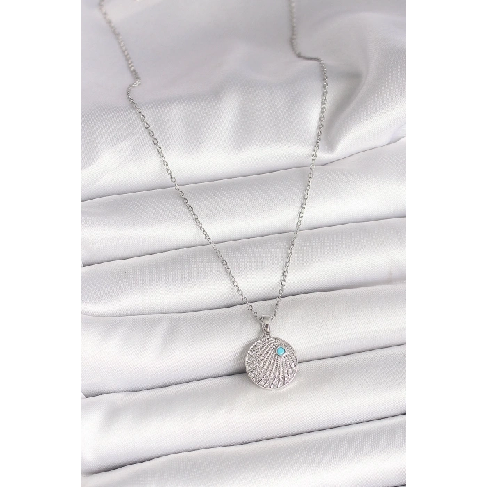 316l Çelik Gümüş Renk Zincir Zirkon Taşlı Mavi Taş Detaylı Madalyon Model Kadın Kolye