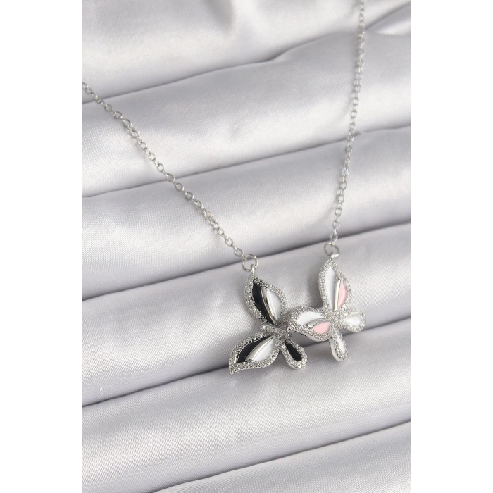 316l Çelik Gümüş Renk Zincir Zirkon Taşlı Renkli Kelebek Model Kadın Kolye