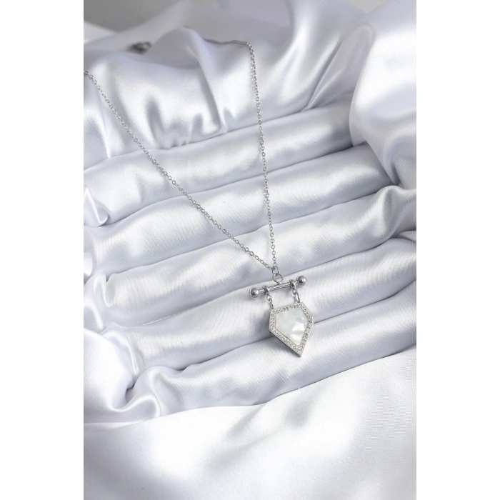 316L Çelik Gümüş Renk Zirkon Taş Detay Kadın Kolye