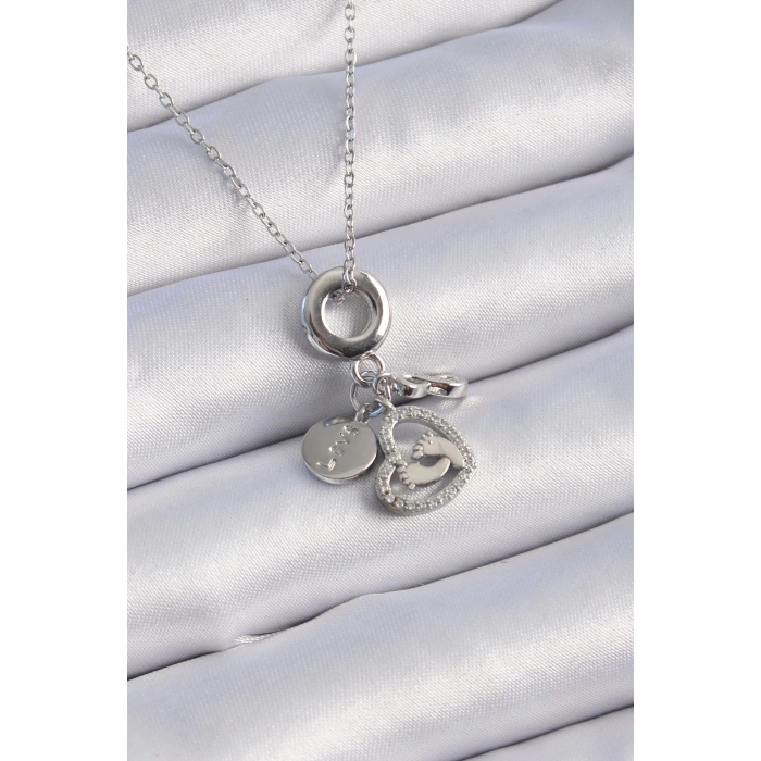 316l Çelik Gümüş Renk Zirkon Taş Detay Kalp Model Charm Kadın Kolye