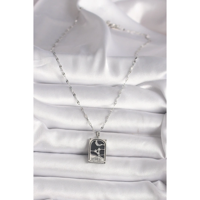 316l Çelik Gümüş Renk Zirkon Taşlı  Ay Figürlü Taror Model Kadın Kolye