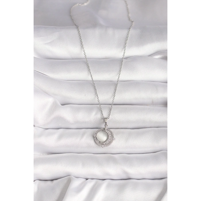 316l Çelik Gümüş Renk Zirkon Taşlı Beyaz Sedefli Hilal Model Kadın Kolye