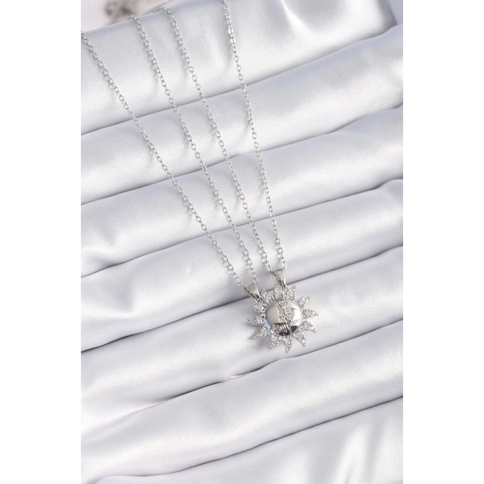 316l Çelik Gümüş Renk Zirkon Taşlı Güneş Model İşleme Yazı Detay Arkadaşlık Kolyesi