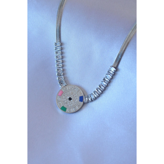 316L Çelik Gümüş Renk Zirkon Taşlı İtalyan Zincir Burç İşeleme Madalyon Model Kadın Kolye