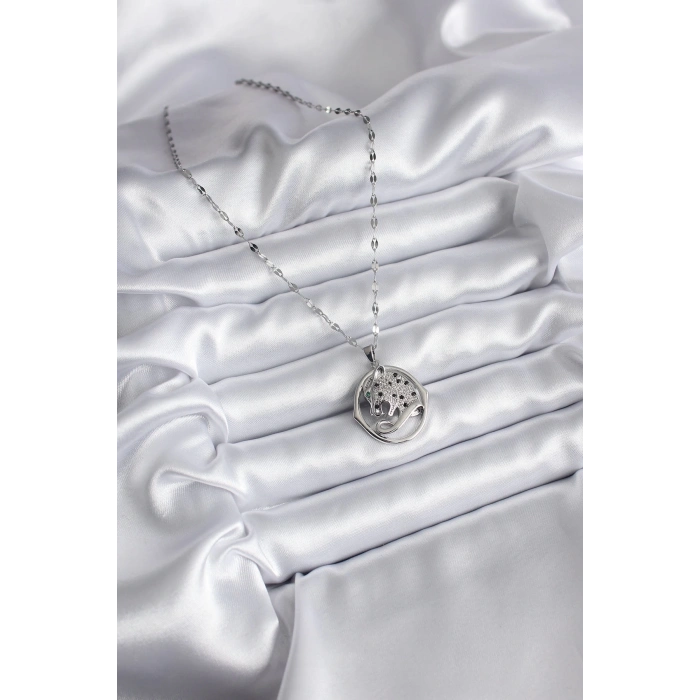 316L Çelik Gümüş Renk Zirkon Taşlı Jaguar Model Kadın Kolye