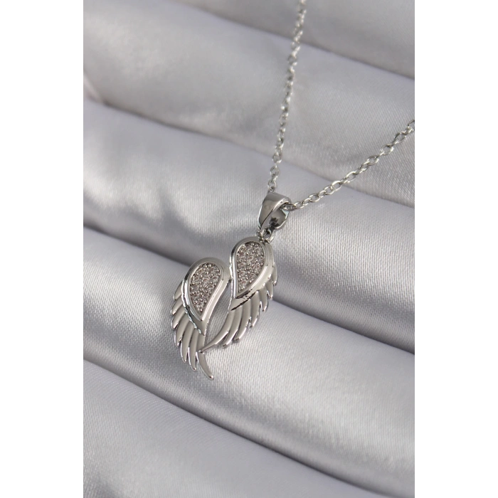316l Çelik Gümüş Renk Zirkon Taşlı Kanat Model Kadın Kolye