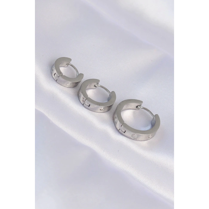 316L Çelik Gümüş Renk Zirkon Taşlı Model 3lü Halka Küpe