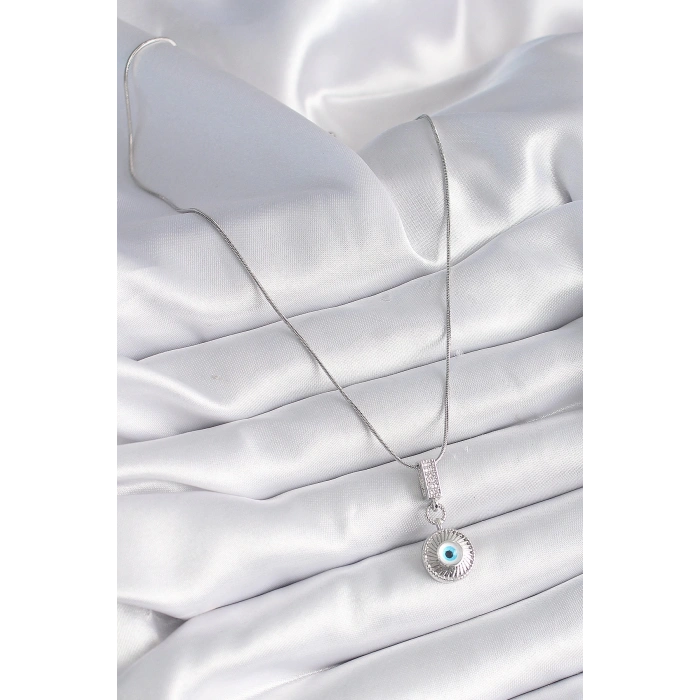 316l Çelik Gümüş Renk Zirkon Taşlı Nazar Boncuk Model Kadın Kolye