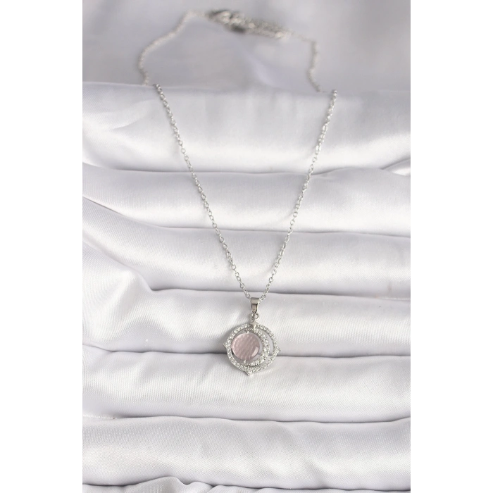 316l Çelik Gümüş Renk Zirkon Taşlı Pembe Sedefli Hilal Model Kadın Kolye