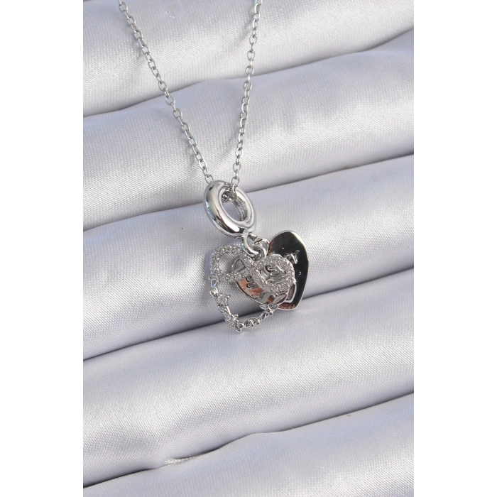 316l Çelik Gümüş Renk Zirkon Taşlı Sonsuzluk Kalp Figür Charm Model Kadın Kolye