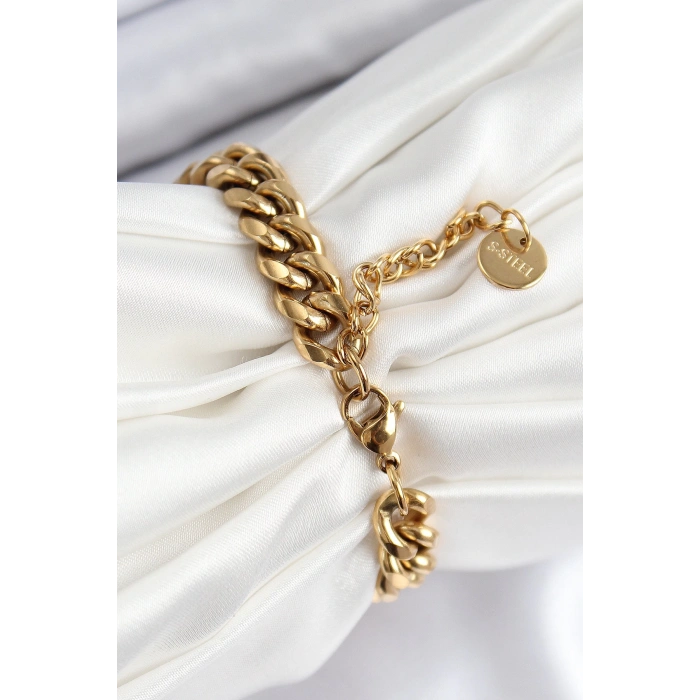 316L Çelik Klasik Kalın Zincir Model Gold Renk Kadın Bileklik