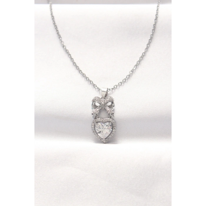 316l Çelik Silver Renk Zirkon Taşlı Kalpli Fiyonk Kolye