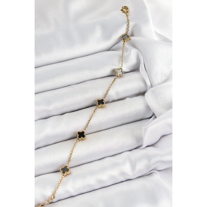 316L Çelik Siyah Sedef Yonca Model Gold Renk Kadın Bileklik