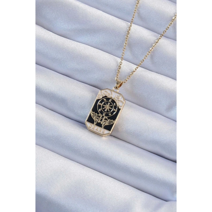 316l Çelik Zincir Altın Renk İşlemeli Siyah Mineli Tarot Kolye