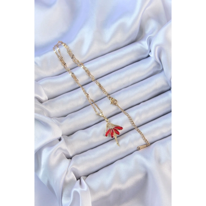 316l Çelik Zincir Altın Renk Kırmızı Etekli Zirkon Taşlı Balerin Kolye