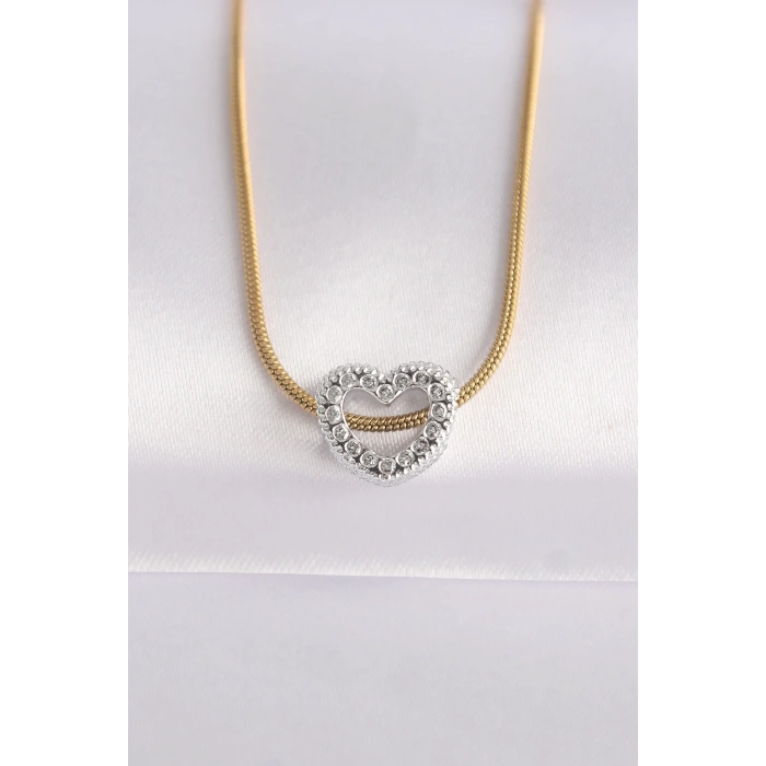 316L Çelik Zincir Altın Renk Zincirli Gümüş Renk Kalp Tasarımlı Kolye