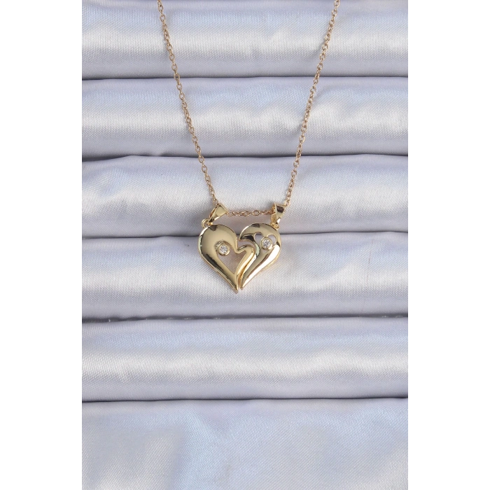 316l Çelik Zincir Altın Renk Zirkon Taşlı Mıknatıslı Kalp Kolye