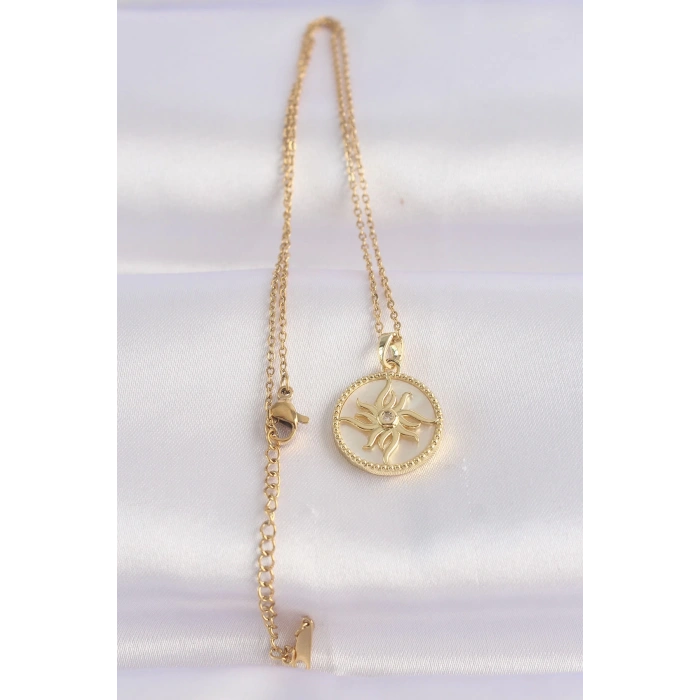316l Çelik Zincir Altın Renk Zirkon Taşlı Oval Tasarım Güneş Kolye