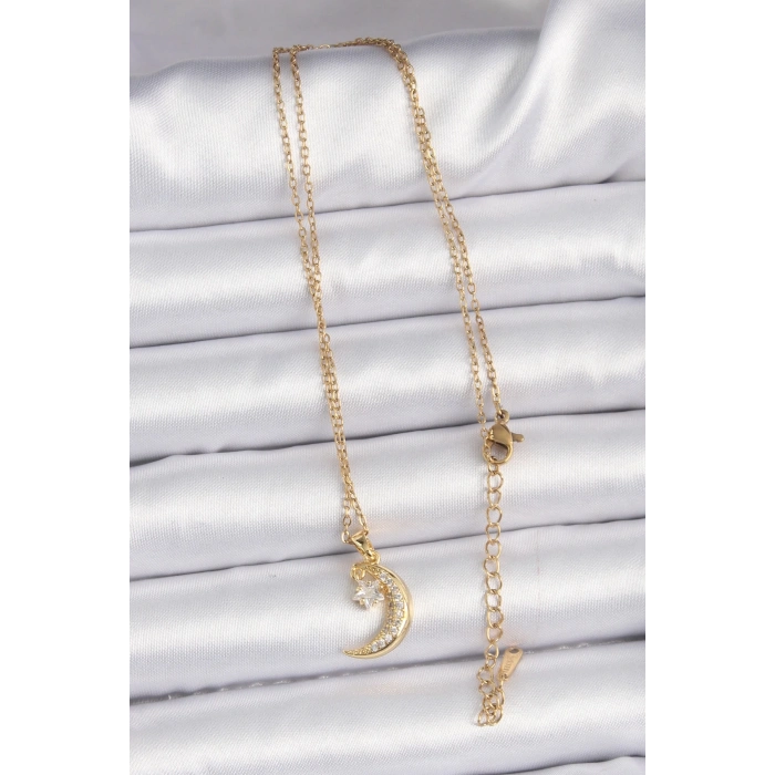 316l Çelik Zincir Altın Renk Zirkon Taşlı Sallantılı Ay Yıldız Kolye