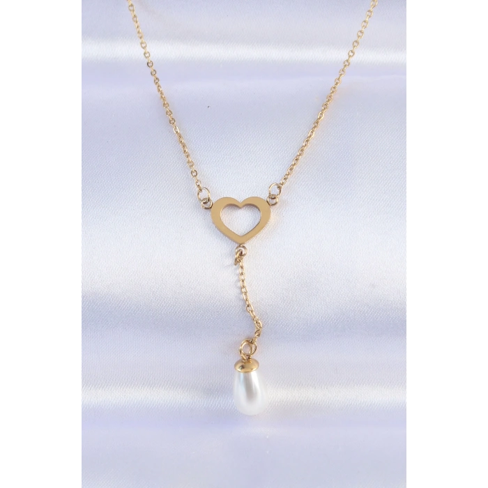 316l Çelik Zincir Gold Renk İnci Taş Detay Kalp Kolye