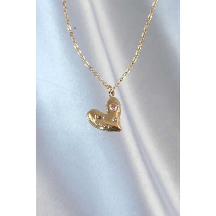 316l Çelik Zincir Gold Renk Renkli Zirkon Taşlı Kalp Kolye