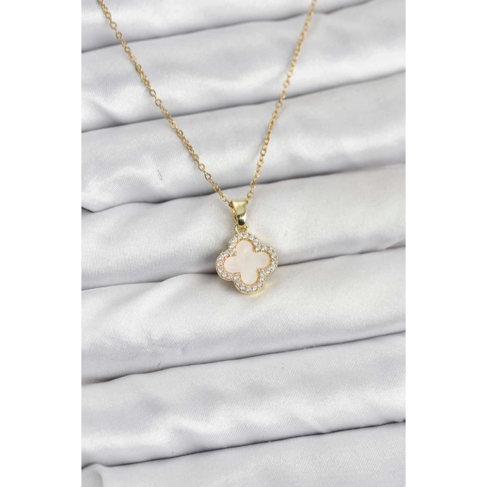 316l Çelik Zincir Gold Renk Sedefli Yonca Kadın Kolye