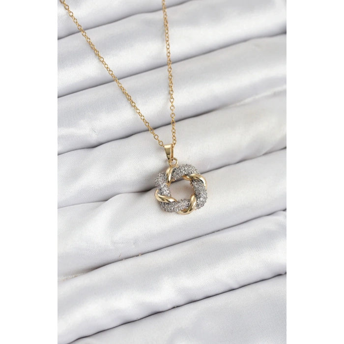 316L Çelik Zincir Gold Renk Zirkon Taşlı Sarmal Model Kadın Kolye
