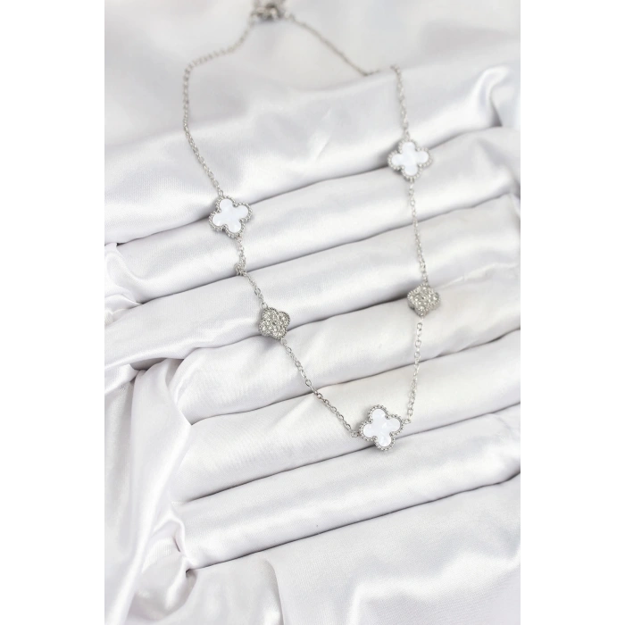 316L Çelik Zincir Gümüş Renk Beyaz ve Zirkon Taşlı Yonca Kadın Kolye