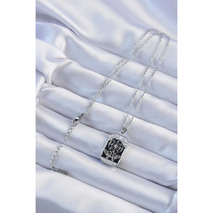 316l Çelik Zincir Gümüş Renk İşlemeli Siyah Mineli Tarot Kolye