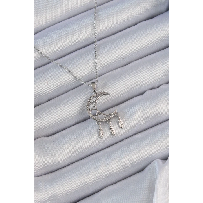 316l Çelik Zincir Gümüş Renk İşlemeli Zirkon Taşlı Ay Kolye