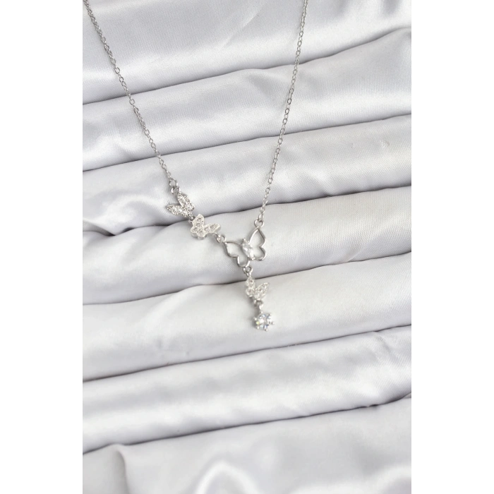 316l Çelik Zincir Gümüş Renk Kelebek Model Kadın Kolye