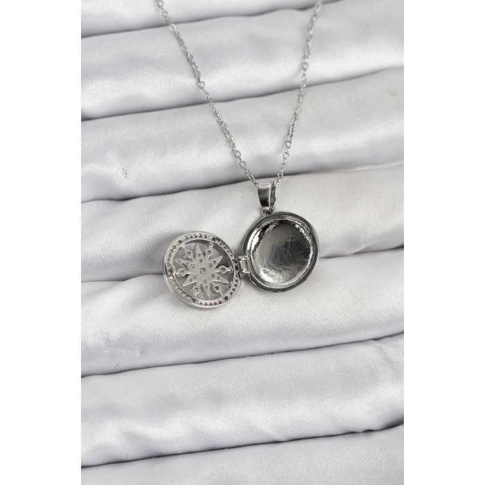 316l Çelik Zincir Gümüş Renk Kutup Yıldızı Kapaklı Model Kadın Kolye