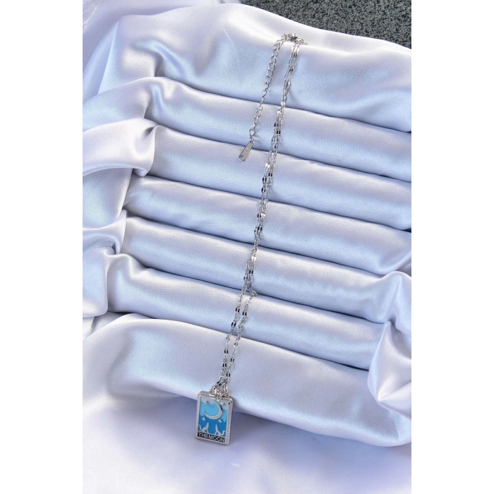 316l Çelik Zincir Gümüş Renk Mavi Mineli Ay Figür Tarot Kolye