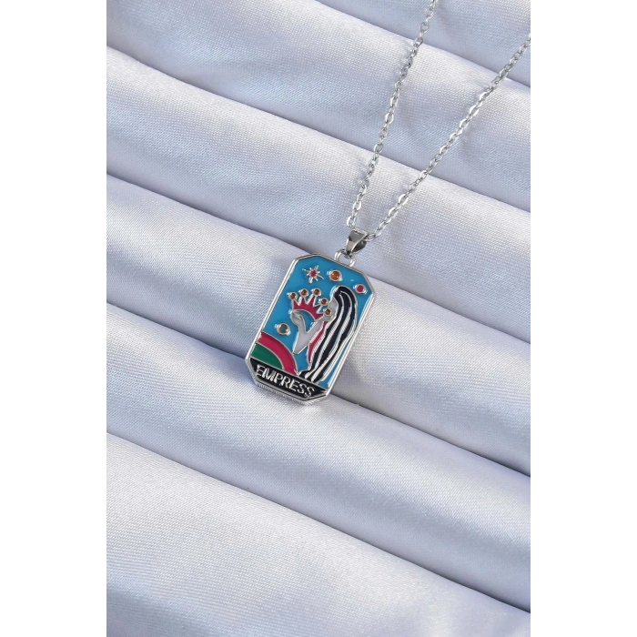 316l Çelik Zincir Gümüş Renk Taç Ve Kız Figürlü Renkli Mineli Tarot Kolye