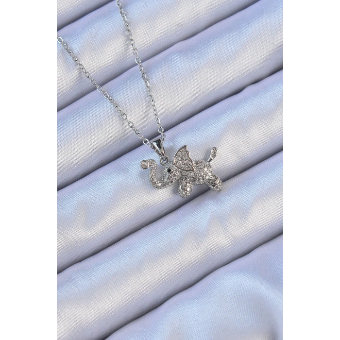 316l Çelik Zincir Gümüş Renk Zirkon Taşlı Fil Kolye