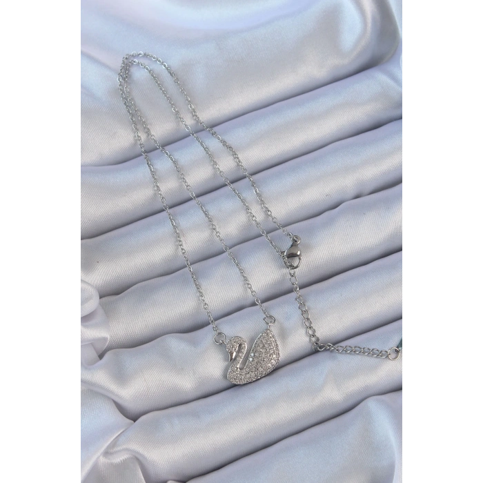 316l Çelik Zincir Gümüş Renk Zirkon Taşlı Kuğu Kolye